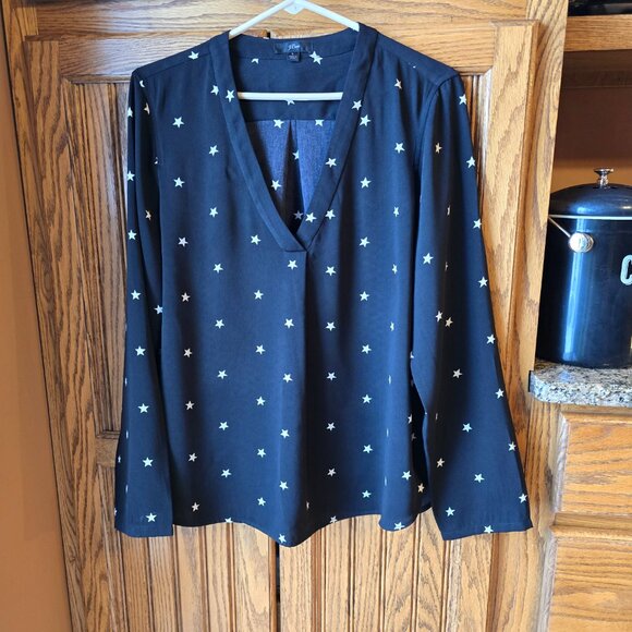 J Crew size Large v neck blouse, black white stars size L, EUC - Picture 9 of 9
